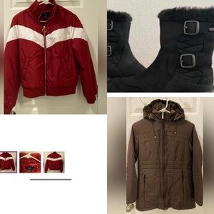 Bundle of winter Coats and Merrell Winter boot
